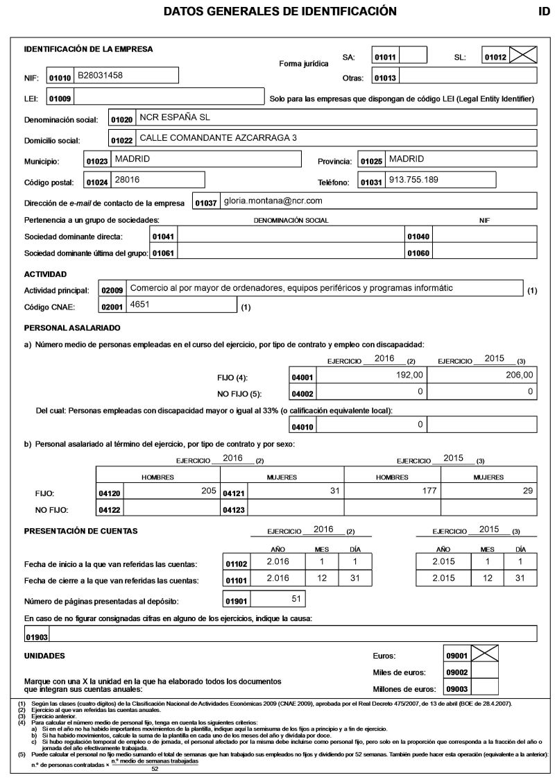 Spanish company financial statement sample - identification page
